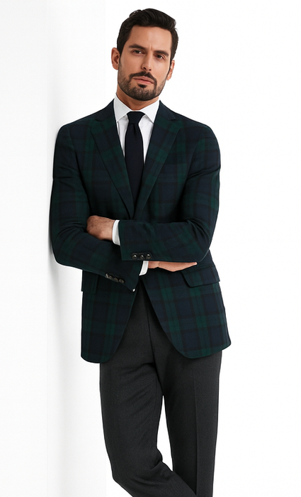 Men'S Green And Blue Tartan Plaid Window Pane Checkered Suit With Vest