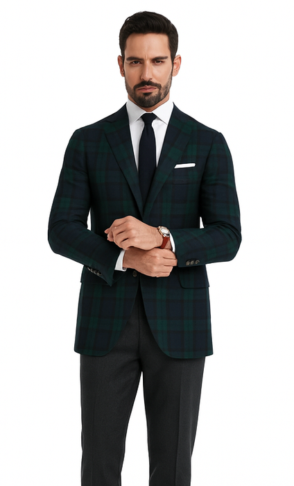 Men'S Green And Blue Tartan Plaid Window Pane Checkered Suit With Vest