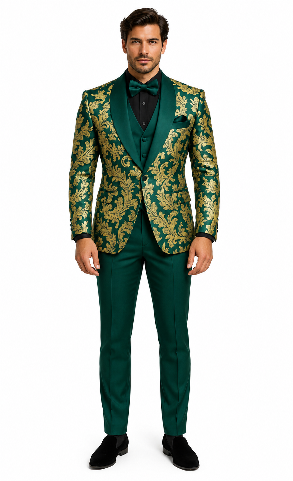 Mens Green and Gold Embroidered Tuxedo – 3-Piece Prom Suit