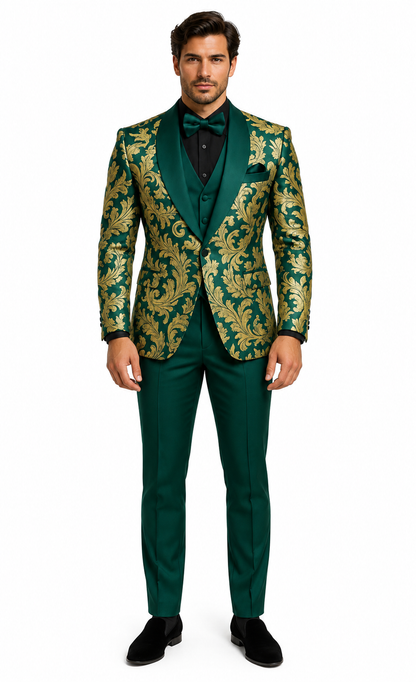 Mens Green and Gold Embroidered Tuxedo – 3-Piece Prom Suit