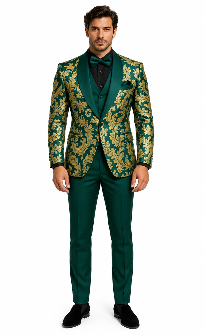 Mens Green and Gold Embroidered Tuxedo – 3-Piece Prom Suit