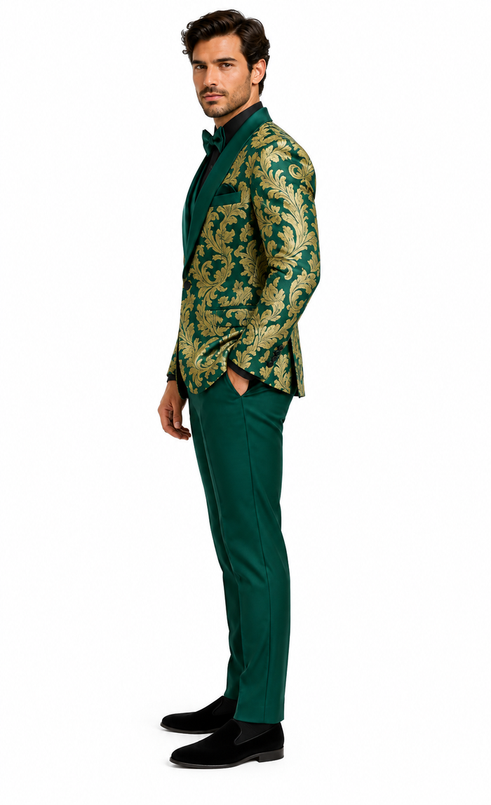 Mens Green and Gold Embroidered Tuxedo – 3-Piece Prom Suit