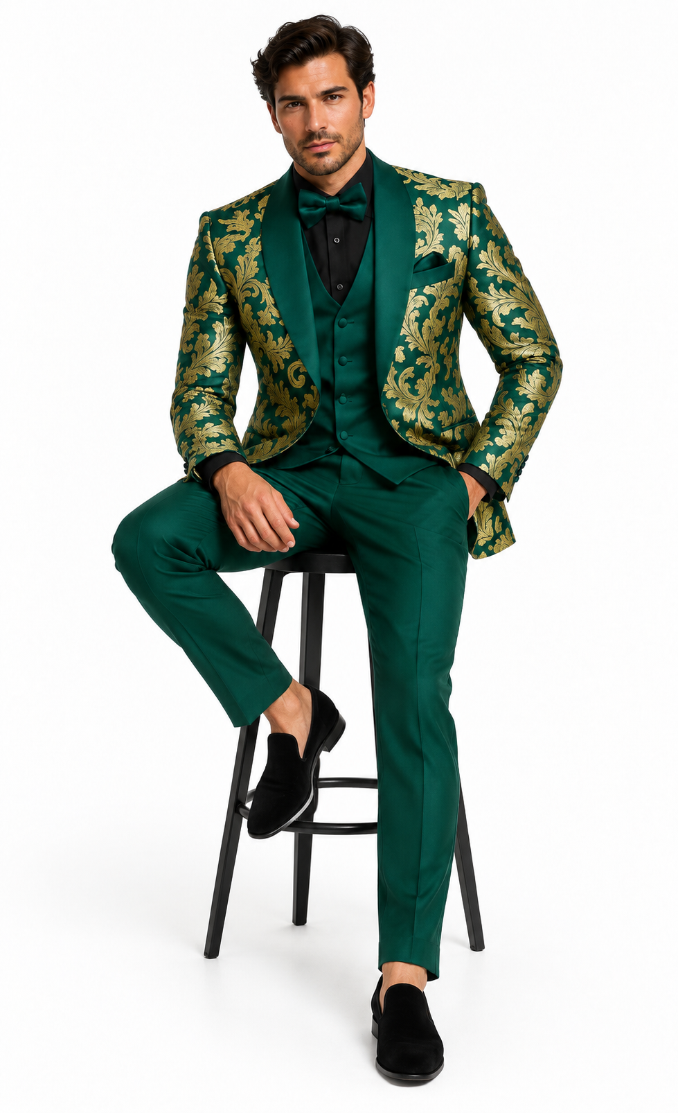 Mens Green and Gold Embroidered Tuxedo – 3-Piece Prom Suit