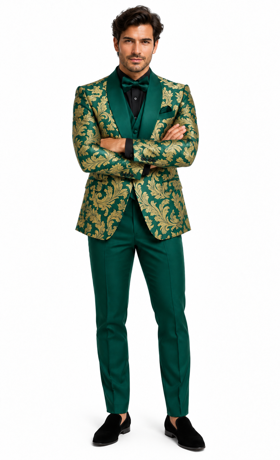Mens Green and Gold Embroidered Tuxedo – 3-Piece Prom Suit