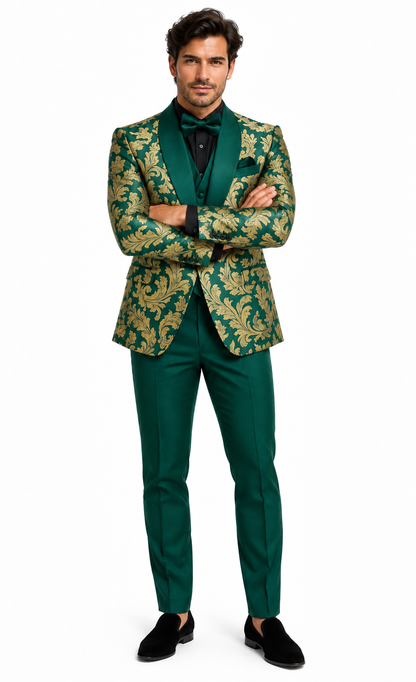Mens Green and Gold Embroidered Tuxedo – 3-Piece Prom Suit