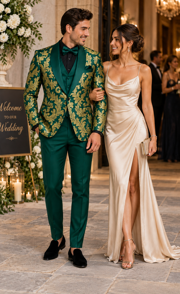 Mens Green and Gold Embroidered Tuxedo – 3-Piece Prom Suit