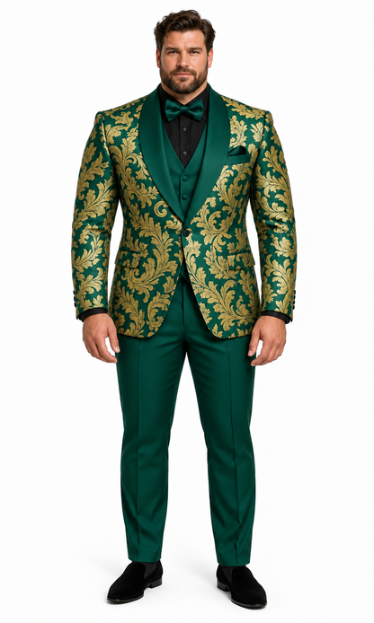 Mens Green and Gold Embroidered Tuxedo – 3-Piece Prom Suit