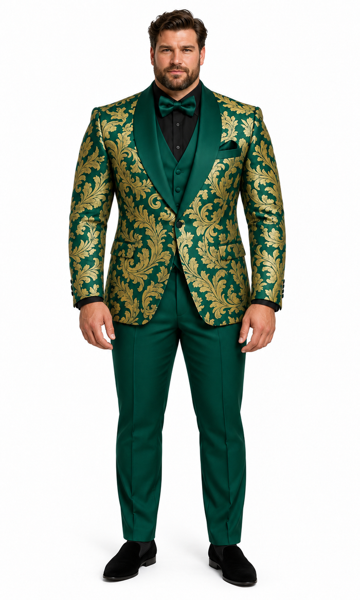 Mens Green and Gold Embroidered Tuxedo – 3-Piece Prom Suit