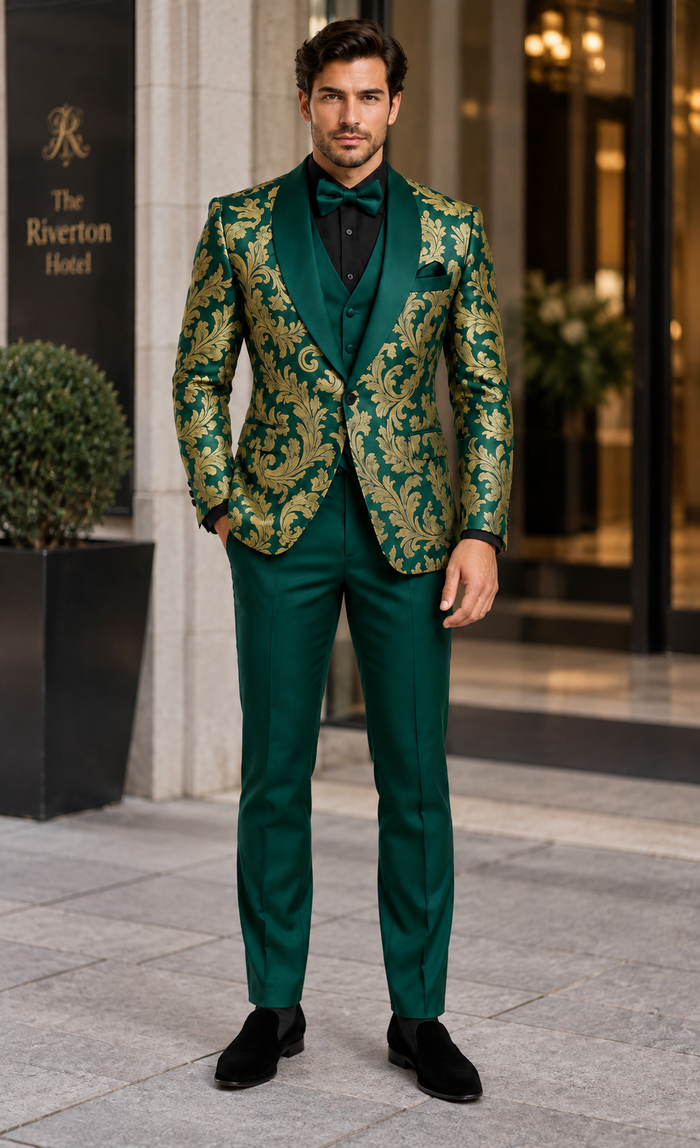 Mens Green and Gold Embroidered Tuxedo – 3-Piece Prom Suit