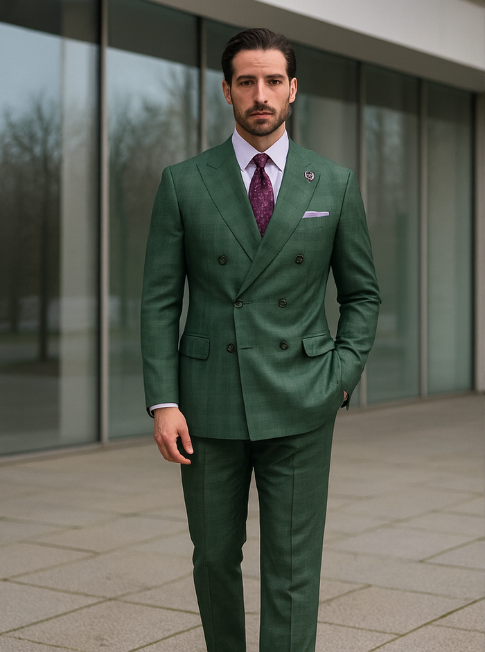 Designer Green Double-Breasted Suit – Formal Groom Attire