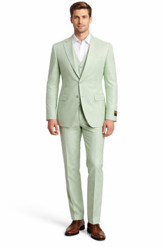 Men's Notch Label Green Colour Summer Seersucker Fabric Jacket and Pants 3 Piece Suit