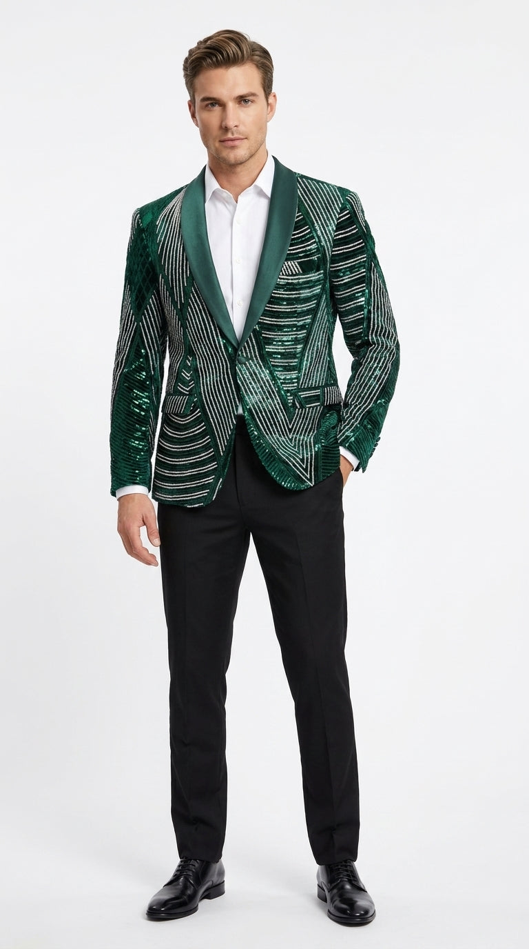 Mens Green Sequin Christmas Holiday Blazer – Luxury Party Jacket for New Year, Wedding and Festive Events New Year Jacket Emerald Green / 44 Short