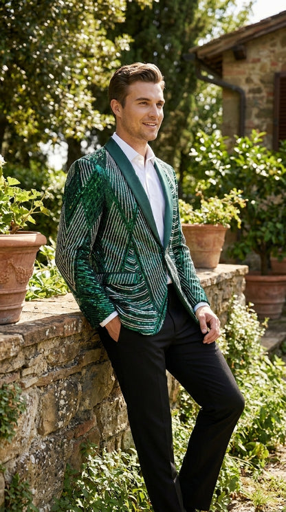 Mens Green Sequin Christmas Holiday Blazer – Luxury Party Jacket for New Year, Wedding and Festive Events New Year Jacket