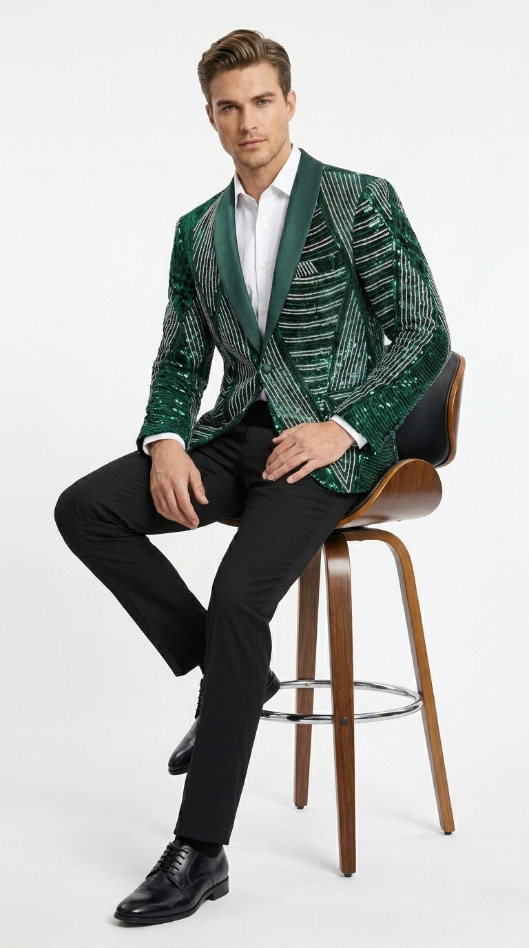 Mens Green Sequin Christmas Holiday Blazer – Luxury Party Jacket for New Year, Wedding and Festive Events New Year Jacket