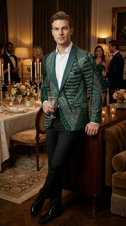 Mens Green Sequin Christmas Holiday Blazer – Luxury Party Jacket for New Year, Wedding and Festive Events New Year Jacket