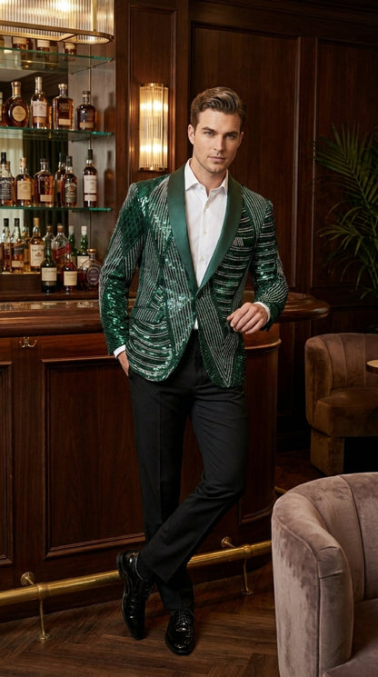 Mens Green Sequin Christmas Holiday Blazer – Luxury Party Jacket for New Year, Wedding and Festive Events New Year Jacket