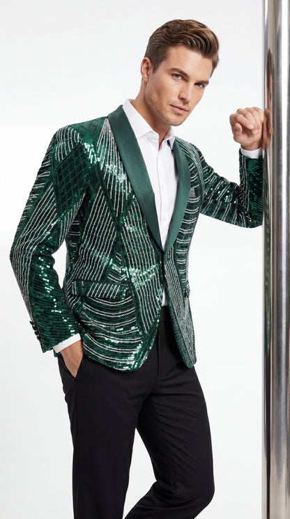 Mens Green Sequin Christmas Holiday Blazer – Luxury Party Jacket for New Year, Wedding and Festive Events New Year Jacket