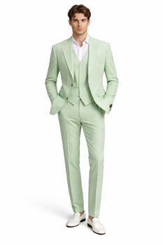Men's Notch Label Green Colour Summer Seersucker Fabric Jacket and Pants 3 Piece Suit