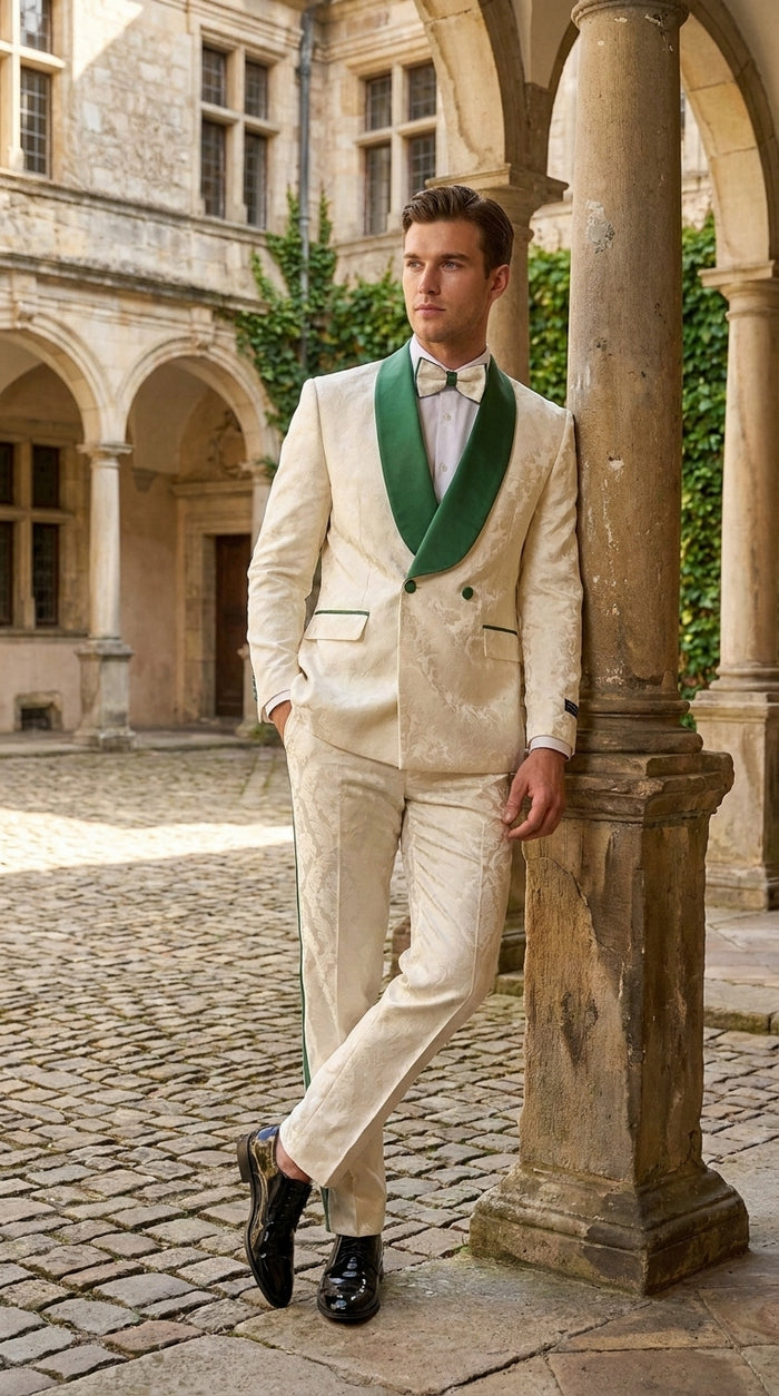 Mens Green & White Tuxedo Suit – White Floral Jacquard Wedding Suit with Green Shawl Lapel