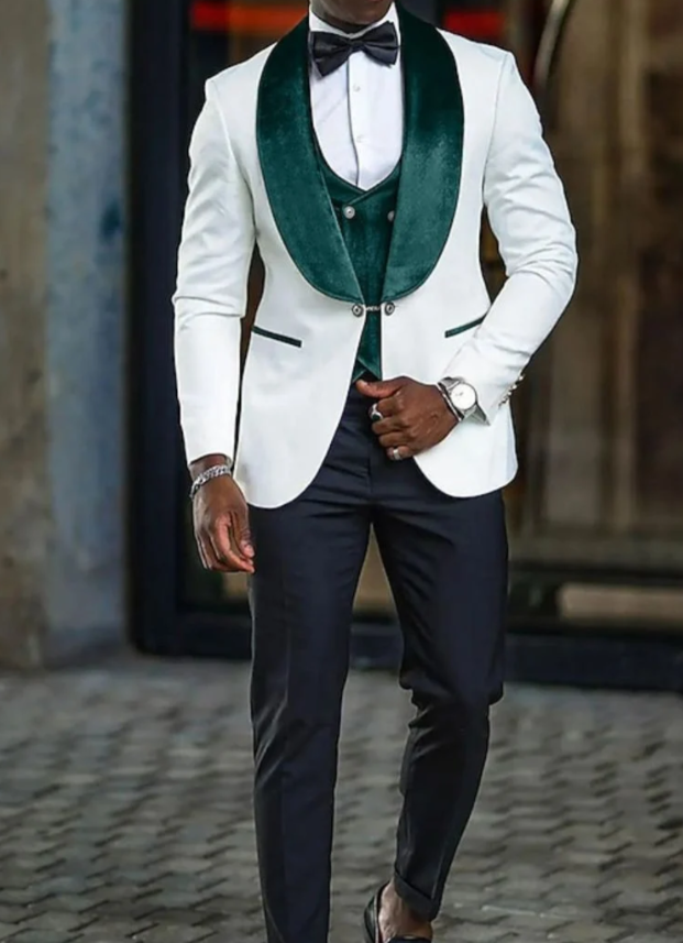 Mens Green & White Tuxedo with Black Pants – Velvet Shawl Lapel 3-Piece Wedding Suit