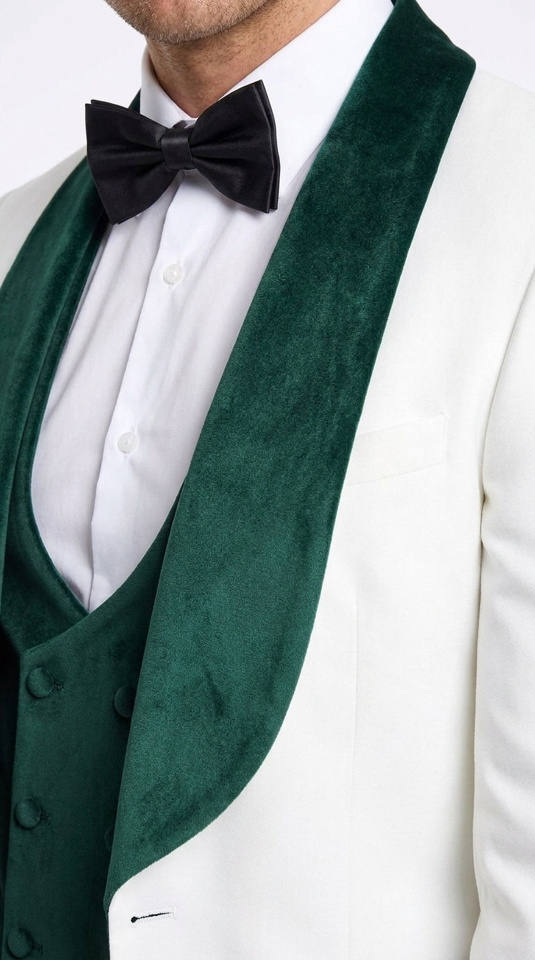 Mens Green & White Tuxedo with Black Pants – Velvet Shawl Lapel 3-Piece Wedding Suit