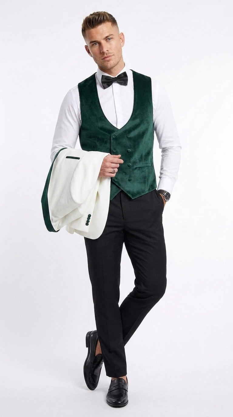 Mens Green & White Tuxedo with Black Pants – Velvet Shawl Lapel 3-Piece Wedding Suit