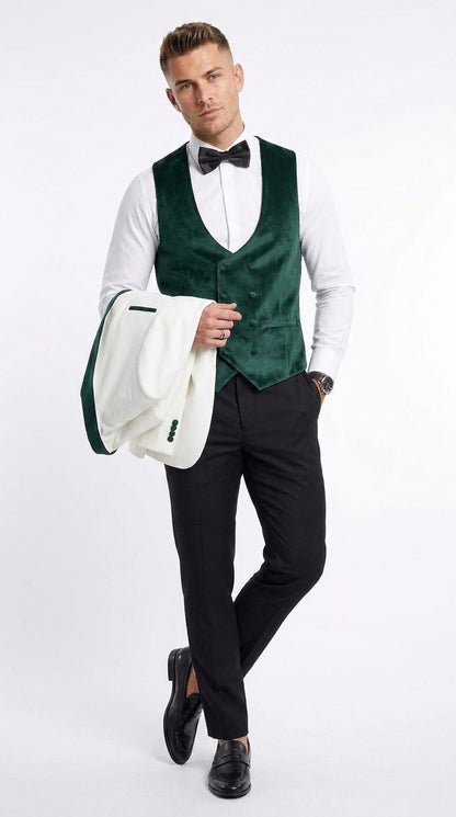 Mens Green & White Tuxedo with Black Pants – Velvet Shawl Lapel 3-Piece Wedding Suit