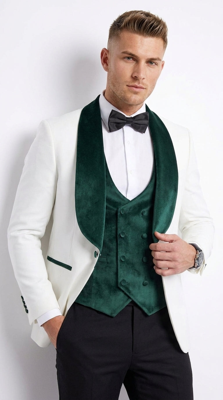 Mens Green & White Tuxedo with Black Pants – Velvet Shawl Lapel 3-Piece Wedding Suit