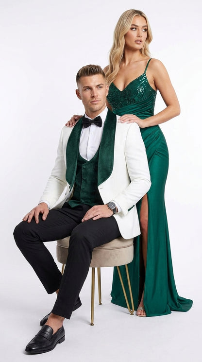 Mens Green & White Tuxedo with Black Pants – Velvet Shawl Lapel 3-Piece Wedding Suit
