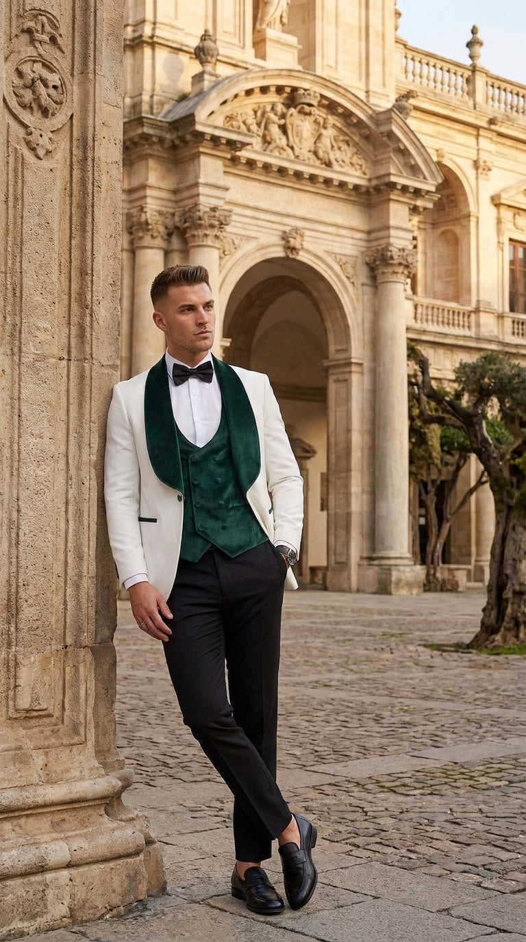 Mens Green & White Tuxedo with Black Pants – Velvet Shawl Lapel 3-Piece Wedding Suit