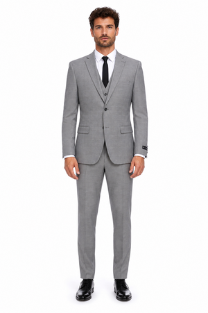 Men’s Grey Plaid 3-Piece Tailored Fit Suit with Vest