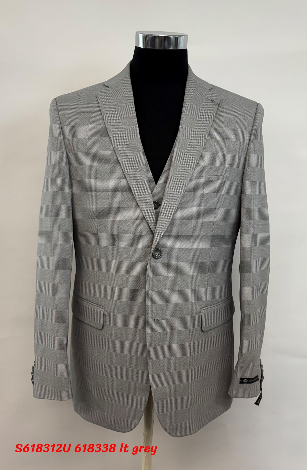 Men’s Grey Plaid 3-Piece Tailored Fit Suit with Vest