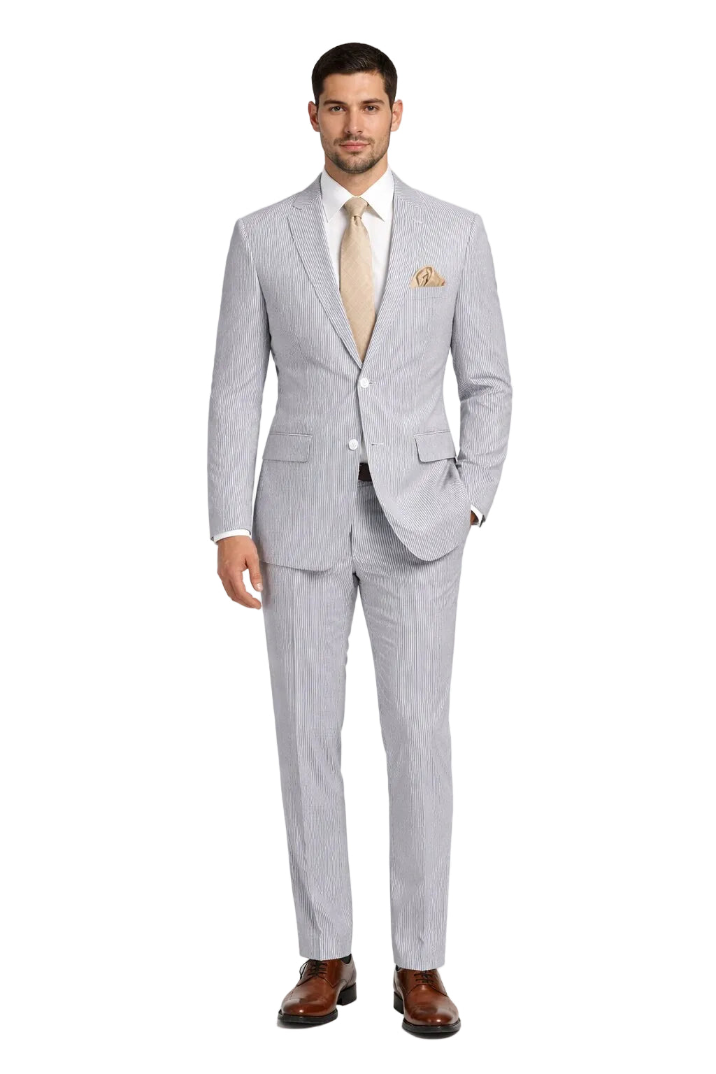 Modern Fit Summer 2 Piece 2 Button Suit Striped Seersucker in Navy