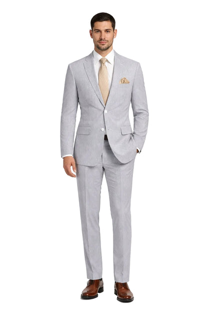 Modern Fit Summer 2 Piece 2 Button Suit Striped Seersucker in Navy
