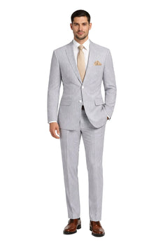 Modern Fit Summer 2 Piece 2 Button Suit Striped Seersucker in Navy