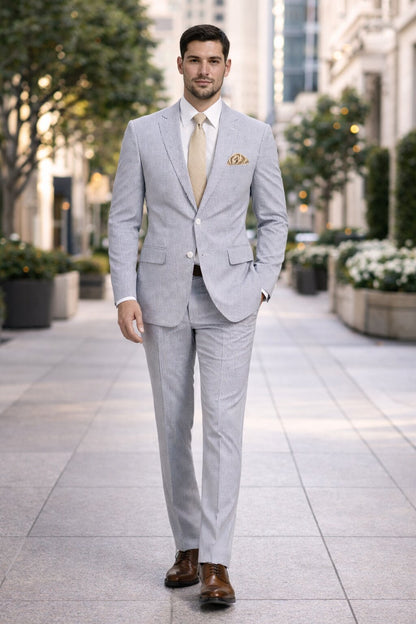 Modern Fit Summer 2 Piece 2 Button Suit Striped Seersucker in Navy