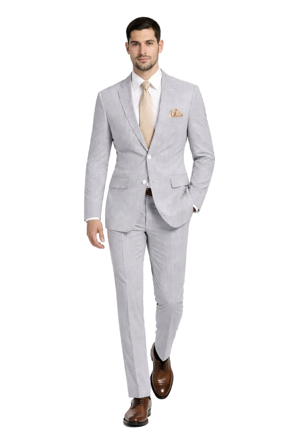 Modern Fit Summer 2 Piece 2 Button Suit Striped Seersucker in Navy