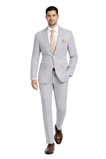 Modern Fit Summer 2 Piece 2 Button Suit Striped Seersucker in Navy