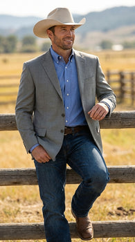 Mens Grey Western Three Button Blazer – Classic Cowboy Style Formal Jacket Business Casual Sport Coat