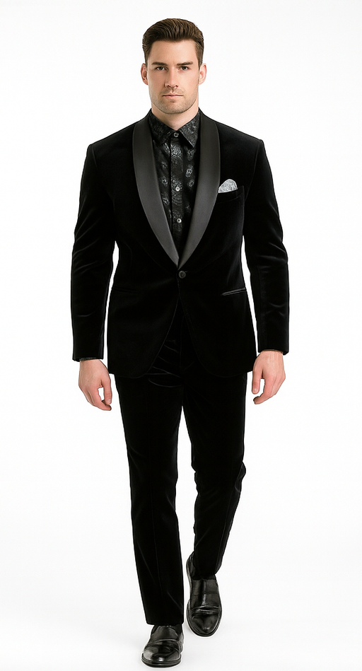 Men's High Fashion Black Shawl Lapel Velvet Suit + Velvet Pants