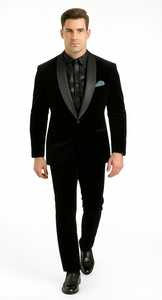 Men's High Fashion Black Shawl Lapel Velvet Suit + Velvet Pants