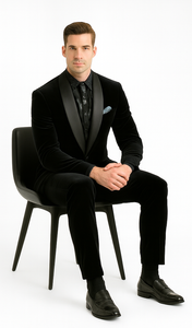 Men's High Fashion Black Shawl Lapel Velvet Suit + Velvet Pants