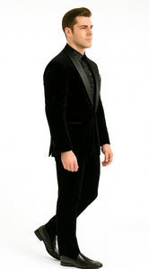 Men's High Fashion Black Shawl Lapel Velvet Suit + Velvet Pants