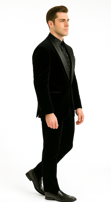 Men's High Fashion Black Shawl Lapel Velvet Suit + Velvet Pants