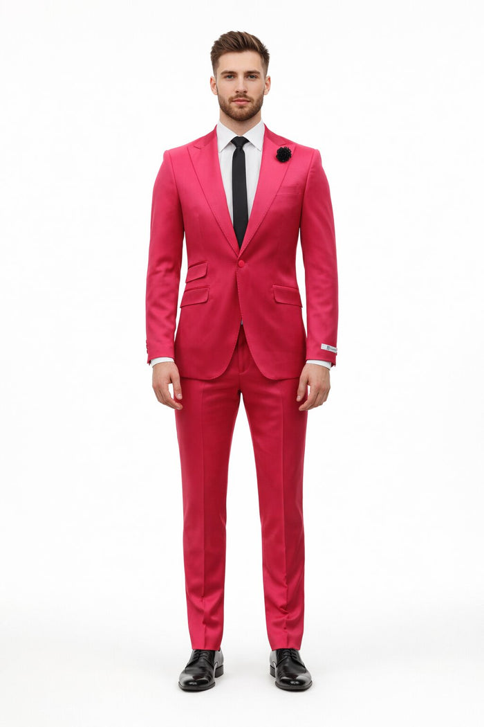 Mens Single Breasted Sateen Shiny Fabric Metallic Fabric - Sharskin Hotpink Suit