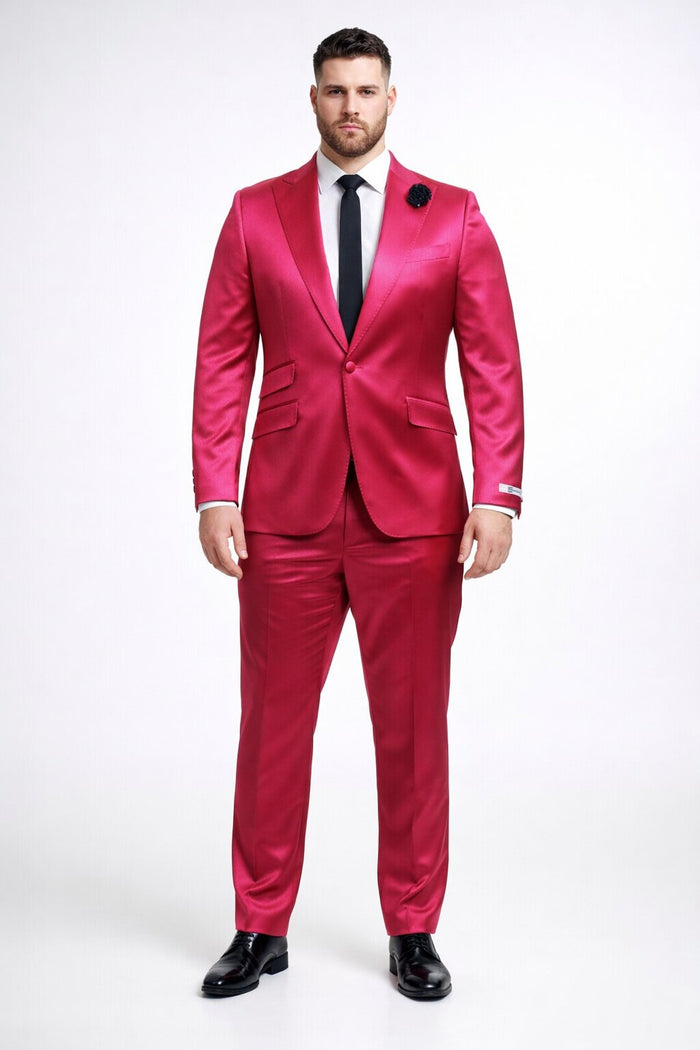 Mens Single Breasted Sateen Shiny Fabric Metallic Fabric - Sharskin Hotpink Suit
