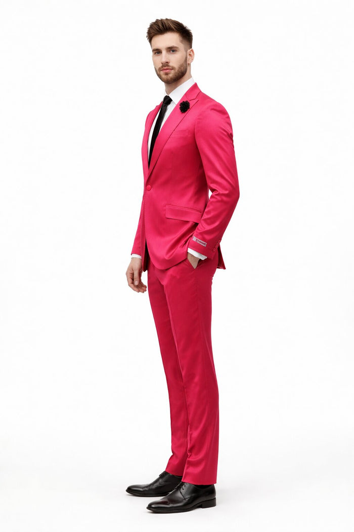 Mens Single Breast Suit Hot Pink - Sateen Shiny Fabric Metallic Fabric - Sharskin