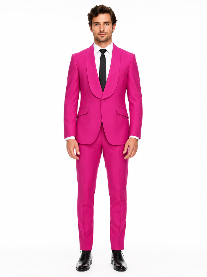 Mens Hot Pink Tuxedo Dinner Jacket + Pants with Shawl Lapel – Slim Fit 2-Piece Suit for Weddings, Proms Suit in Fuchsia Colors