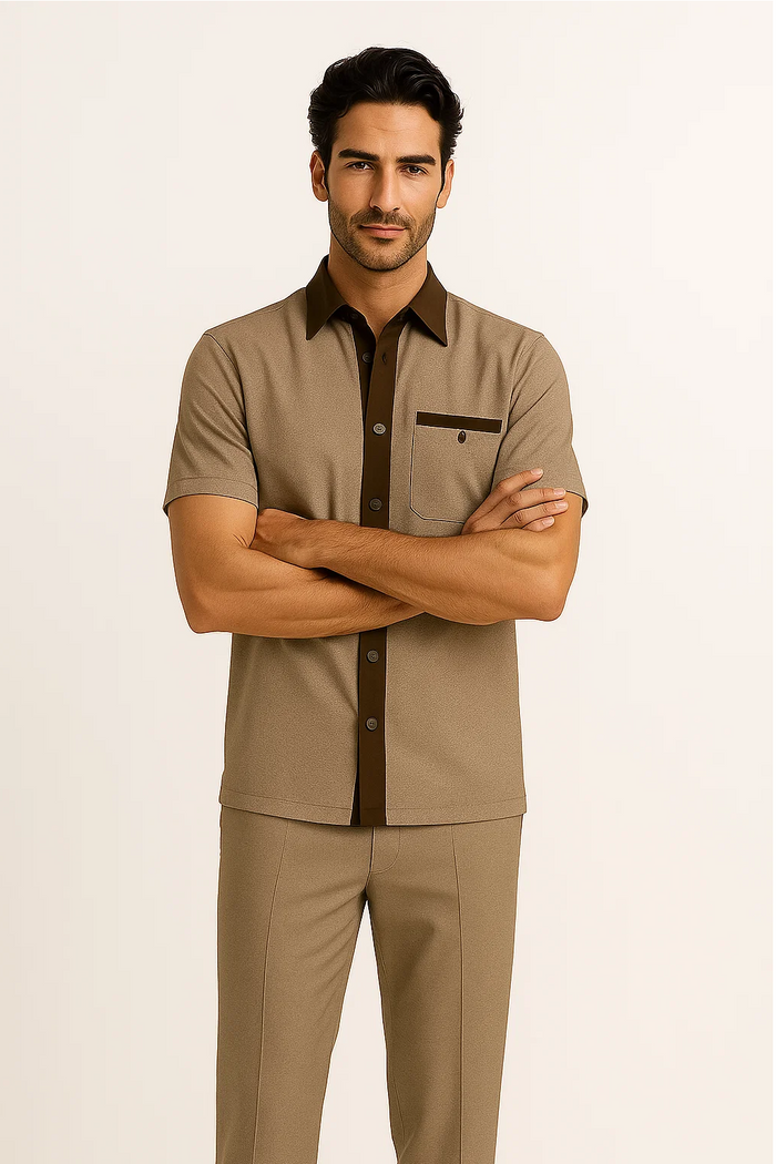 Men’s Houndstooth Walking Suit by Dreams by Zacchi – 2 Piece Lei sure Set in brown/tan- $99