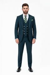 Men's Hunter Statement Ticket Pocket Peak Lapel Wool Double Breasted Vest Suit with Silver Buttons – Modern Fit